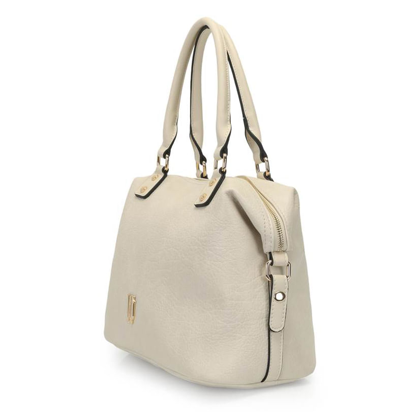 Bolsa WJ off white em ângulo lateral mostrando formato trapezoidal, zíper superior e ferragens douradas